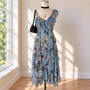 Beaded Asymmetrical Ruffle Floral Dress Romantic Y2K Fairy